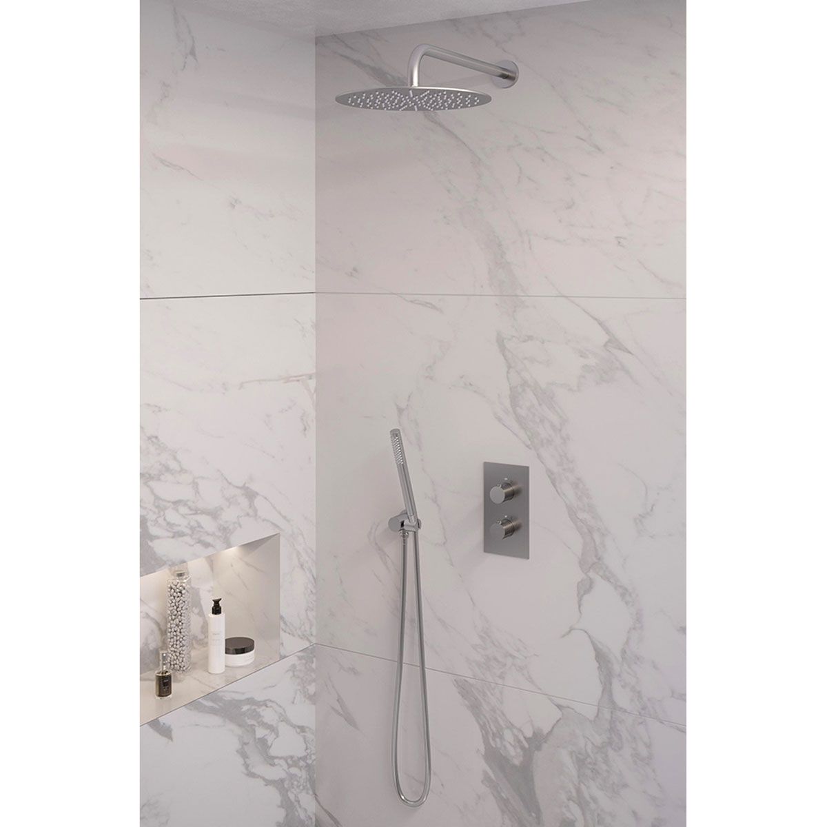 Brauer Regendoucheset 28 Inbouw Muur Brushed Edition 30cm Rond Geborsteld Nikkel PVD 2 Greeps 3-weg met Thermostaatkraan en Staafhanddouche