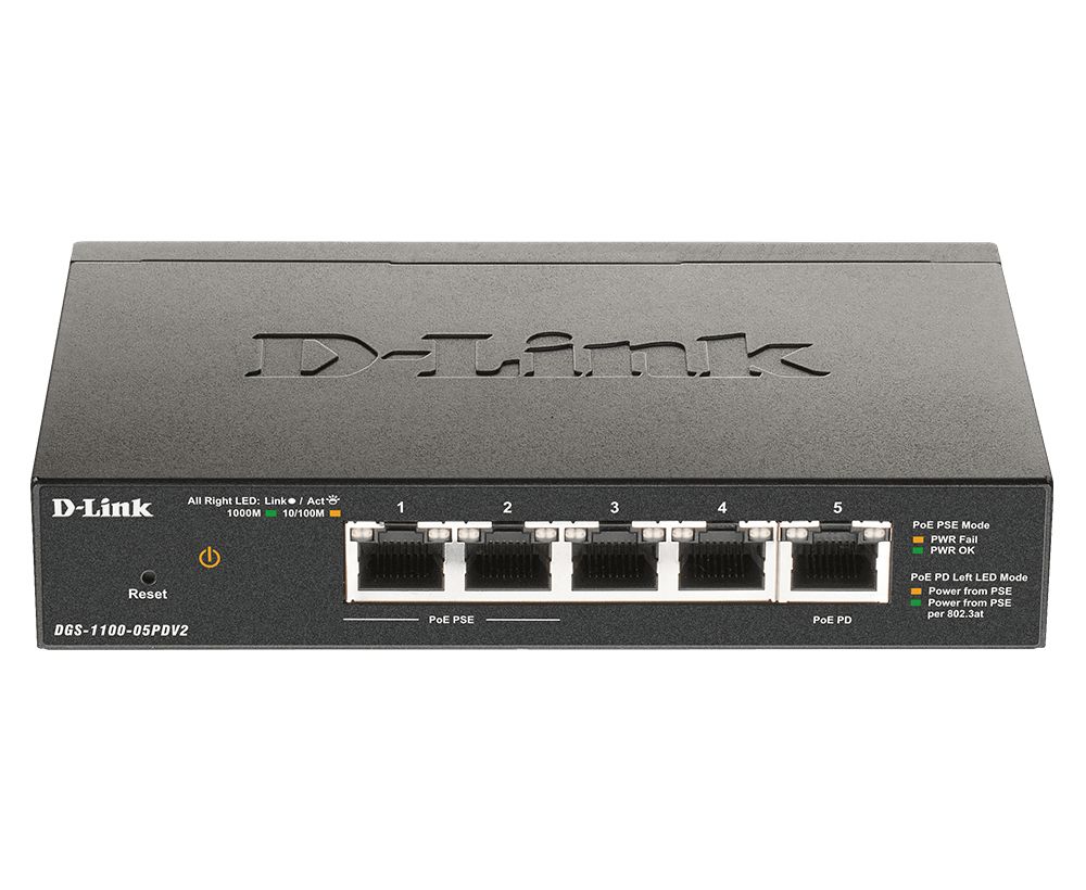 D-Link DGS-1100-05PDV2 - Managed Gigabit Ethernet PoE Switch - 5-Port - Black