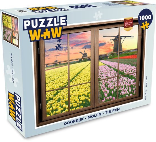 MuchoWow Puzzel Doorkijk - Molen - Tulpen - Legpuzzel - Puzzel 1000 stukjes volwassenen - Sinterklaas cadeautjes - Sinterklaas voor grote kinderen