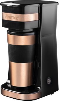 Bestron Koffiezetapparaat met thermosbeker, voor gemalen filterkoffie & ideal voor camping, 2 grote koppen, 750 Watt, rvs, Kleur: koper/zwart koper
