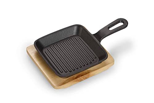 Echtwerk Gietijzeren serveerpan, vierkante ovenschaal met serveerplank, grillstrepen, al ingebrand, geschikt voor oven, grill, barbecue en inductie, ideaal voor koken en serveren