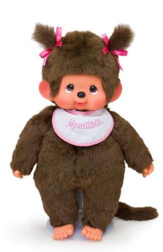 Sekiguchi 255530 - Origineel Monchhichi meisje, pluche figuur met wit-roze slab en vlechten met strikken, ca. 45 cm groot knuffeldier van bruin pluche