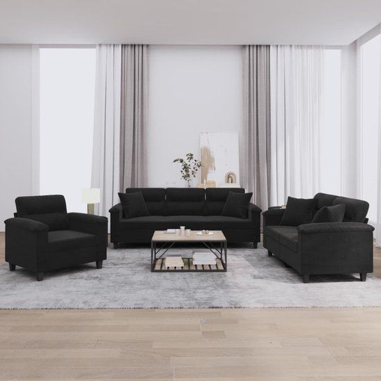 vidaXL 3-delige loungeset met kussens stof zwart