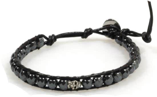 Heaven Eleven - heren armband - Leer Zwart hematiet kralen 6mm - doodskop Skull - fits all