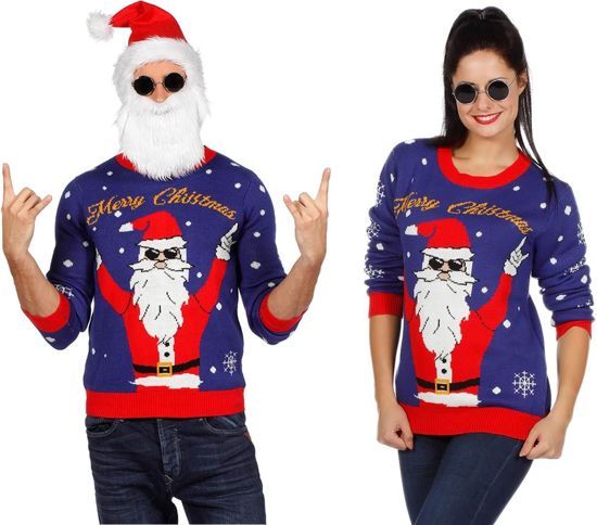 Feestbeest.nl Kersttrui blauw rocking Santa maat M