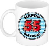 Bellatio Decorations Verjaardag cadeau mok - 55 jaar - blauw - gestreept - 300 ml - keramiek