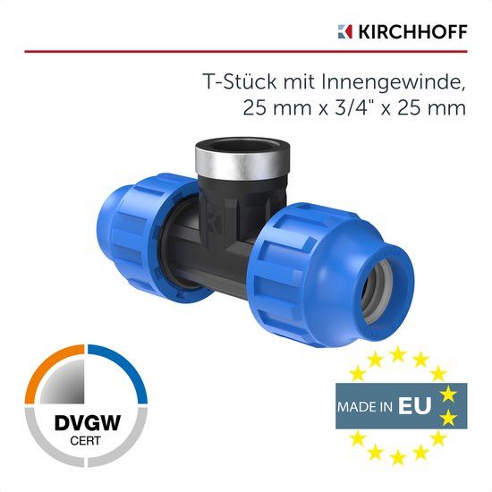 KIRCHHOFF PP T-stuk, 25 mm x 3/4"BI x 25 mm, knelfitting voor tyleen/socarex