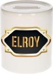Bellatio Decorations Shoppartners Bv Spaarpot met voornaam Elroy - wit - met goud/zwart embleem - 8 x 9 cm - keramiek - met afsluitdop - cadeau verjaardag