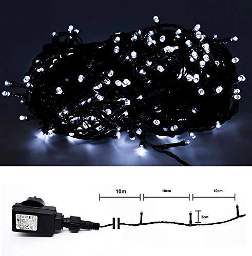 Shs Led-lichtsnoer voor binnen en buiten, 300 leds, koudwit, groene kabel, 10 m voedingskabel, transformator IP44, DEKRA GS-getest