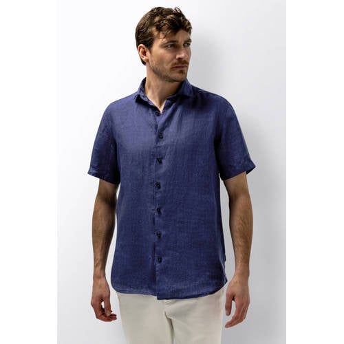 State of Art regular casual overhemd met linnen donkerblauw