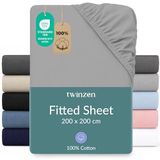 Twinzen hoeslaken 200x200 cm - 100% katoenjersey, grijs - Oeko-Tex gecertificeerd