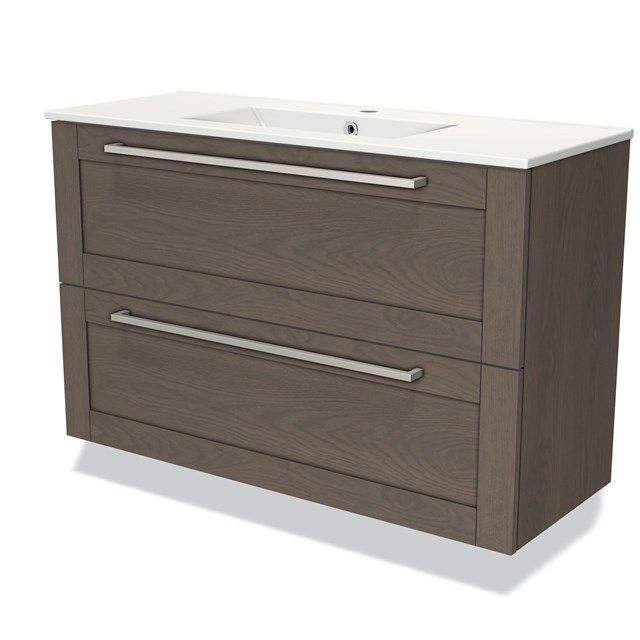 Maxaro Badkamermeubel 100cm Modulo Slim Donkerbruin Eiken 2 Lades Kader Wastafel Keramiek