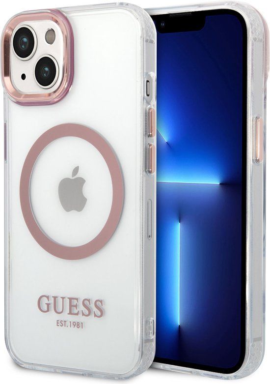 GUESS Transparant Roze Back Cover Magsafe iPhone 14 TPU Telefoonhoesje