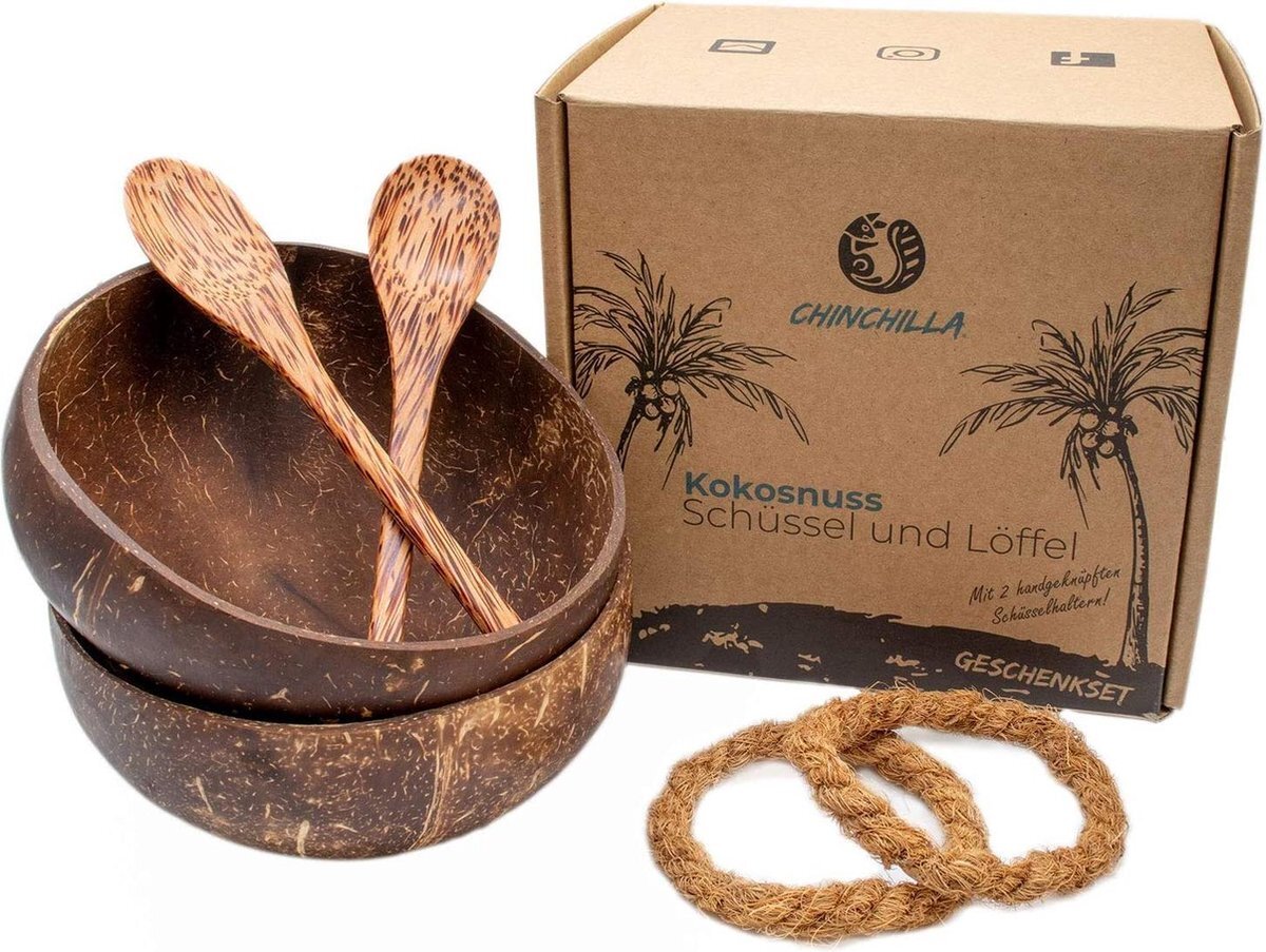 Q-chinchilla CHINCHILLA Kokosnootschaal + houten lepel - set van 2 - Boeddha Bowl - 100% natuurlijk met kokosolie gepolijst