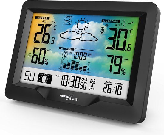 GreenBlue - Weerstation - Draadloos weerstation - met DCF - Met maanfasen, barometer, kalender - Zwart
