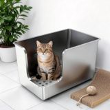Merkloos Roestvrijstalen kattenbak met hoge zijkanten, hoekingang en wielen