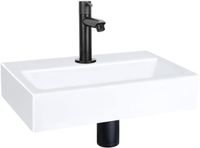 QeramiQ Fuente fonteinset – 38x24x7 cm – keramiek wit glans – kraangat midden – mat zwarte kraan – zonder frame