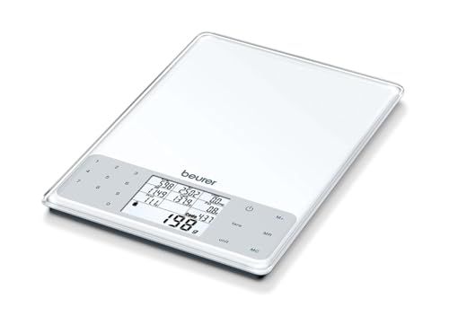 Beurer DS 61 Keukenweegschaal met voedingsanalyse, 5 kg, 1 g, vetgehalte, eiwitten, cholesterol en calorieën, automatische tarra, hoogte cijfers display 1,3 cm, wit