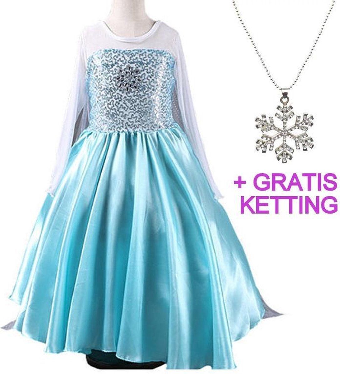 Spaansejurk NL Elsa jurk Ster 130 met sleep + Frozen ketting maat 122-128 Prinsessen jurk verkleedkleding