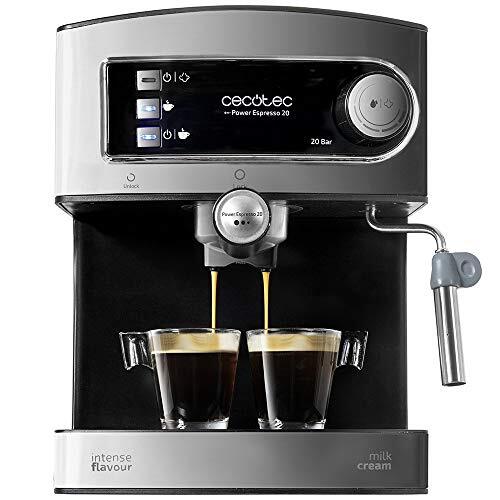 Cecotec Power Espresso 20 espressomachine met espressomachine, melk, sproeier, roestvrij staal, waterreservoir van 1,5 liter, 850 W, geluidsloos bij 0 dB, energie-efficiëntieklasse in zilver/zwart