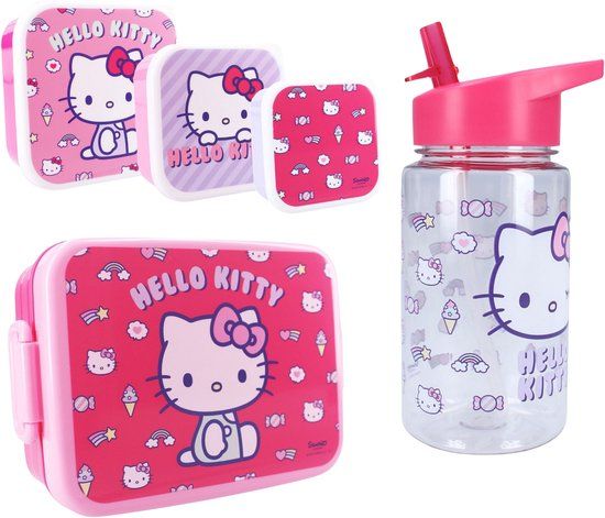 4KidsOnly Hello Kitty Lunchset - Lunchbox - Drinkfles - 3 Snackboxen - Meerkleurig