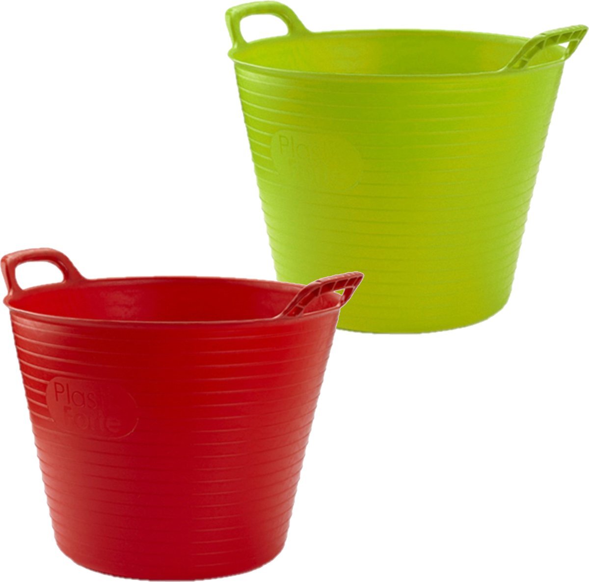 Forte Plastics Voordeelset van 2x stuks kunststof flexibele emmers/wasmanden/kuipen 25 liter in het rood/groen 42 x 33 cm