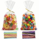 200 stuks transparante cellofaanzakjes - 10 x 15 cm - om te vullen - met 200 metalen linten - Voor snoep, koekjes, brood, fruit enz. Perfect voor feestgeschenken