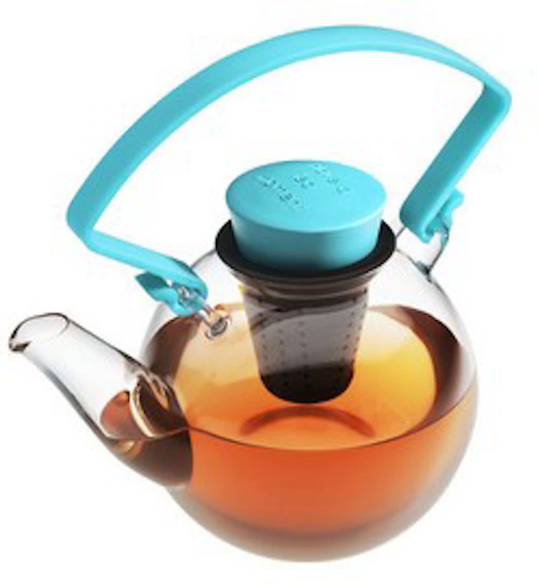 QDO Theepot Glas - Rond - Met Clip handvat - 1 liter - Turquoise - 4897025671454