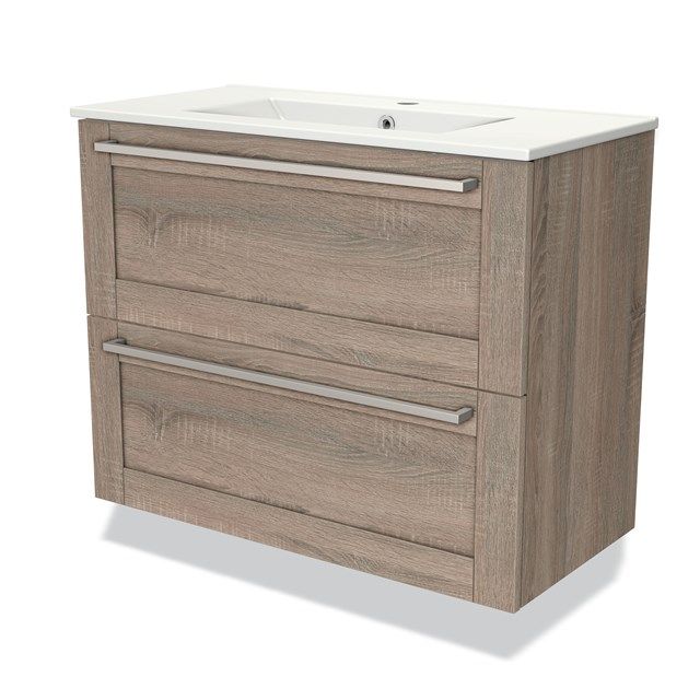 Maxaro Badkamermeubel 80cm Modulo Slim Eiken 2 Lades Kader Wastafel Keramiek - 6095847030024