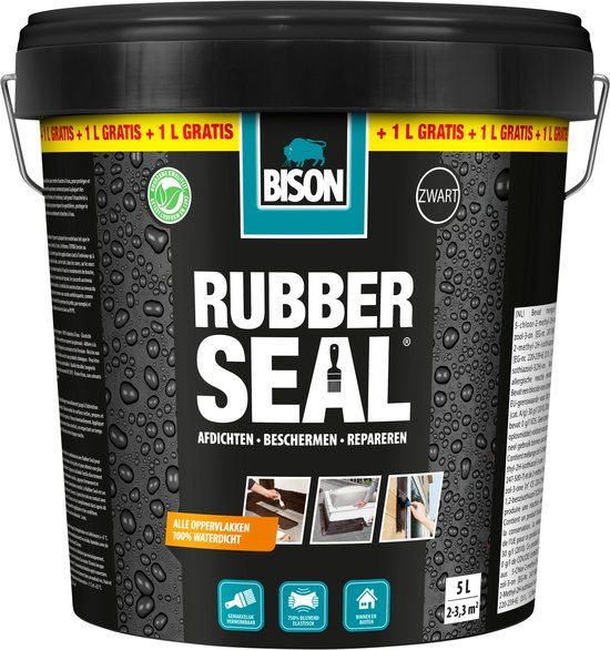 Bison Rubber Seal Emmer 4 + 1 L GRATIS, Rubber coating om oppervlakken waterdicht te maken, binnen en buiten, dakgoten, beschermen en repareren, 5 liter pot