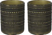 Countryfield Luxe theelichthouder - 2x - Aurora - glas - zwart/goud - D7 x H8 cm