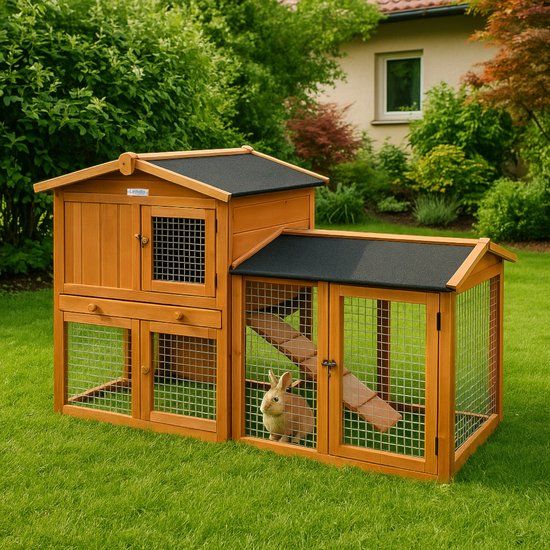 Lendo Online Konijnenhok van geïmpregneerd vurenhout - 145x45x85cm - bruin - kleine dieren - cavia kooi van hout - konijnenkooi - dierenverblijf - binnen en buiten - Asfalt dak - Weersbestendig