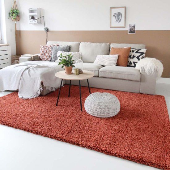 Tapeso Hoogpolig Vloerkleed Shaggy Trend Effen 140x140 cm Terracotta