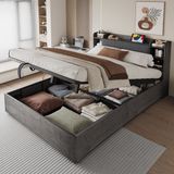 OKWISH Bed 180x200 cm - Hydraulisch Opbergbed met USB en USB-C - Hoofdbord met Vakken - Tweepersoons - MDF - Grijs - Zonder matras
