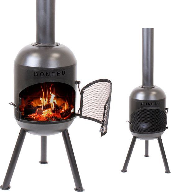 BonFeu BonSolo Tuinhaard Zwart Staal - Houtkachel met Grill - 34x34x126 cm