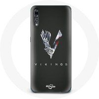 Maniacase Hoesje voor Huawei P20 Vikings Seizoen 6 V logo Zwaard Grijs Zwarte Achtergrond