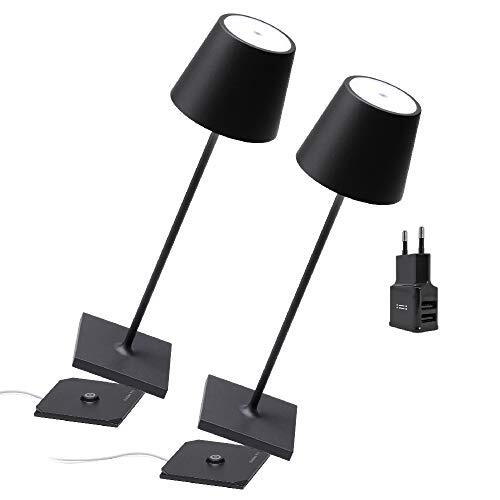 Zafferano - Dual Kit 2x Poldina Pro looplamp en 1 dubbele USB lader Aiino voor gelijktijdig opladen van lamp/smartphone, aanraakbare dimbare LED, IP54, contact laadstation, H38cm - Zwart