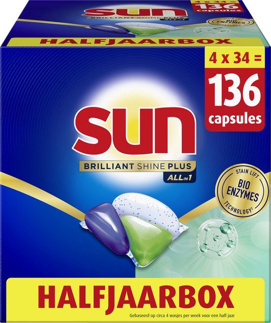 Sun Vaatwascapsules Brilliant Shine Plus - All-in 1 - 136 stuks - Voordeelverpakking