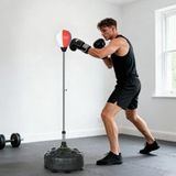 Punchingball réglable en hauteur 147-165cm, base lestée remplissable, acier, noir rouge blanc