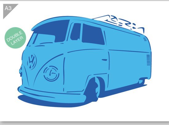 QBIX Hippie busje sjabloon - VW Transporter - 2 lagen kunststof A3 stencil - Kindvriendelijk sjabloon geschikt voor graffiti, airbrush, schilderen, muren, meubilair, taarten en andere doeleinden