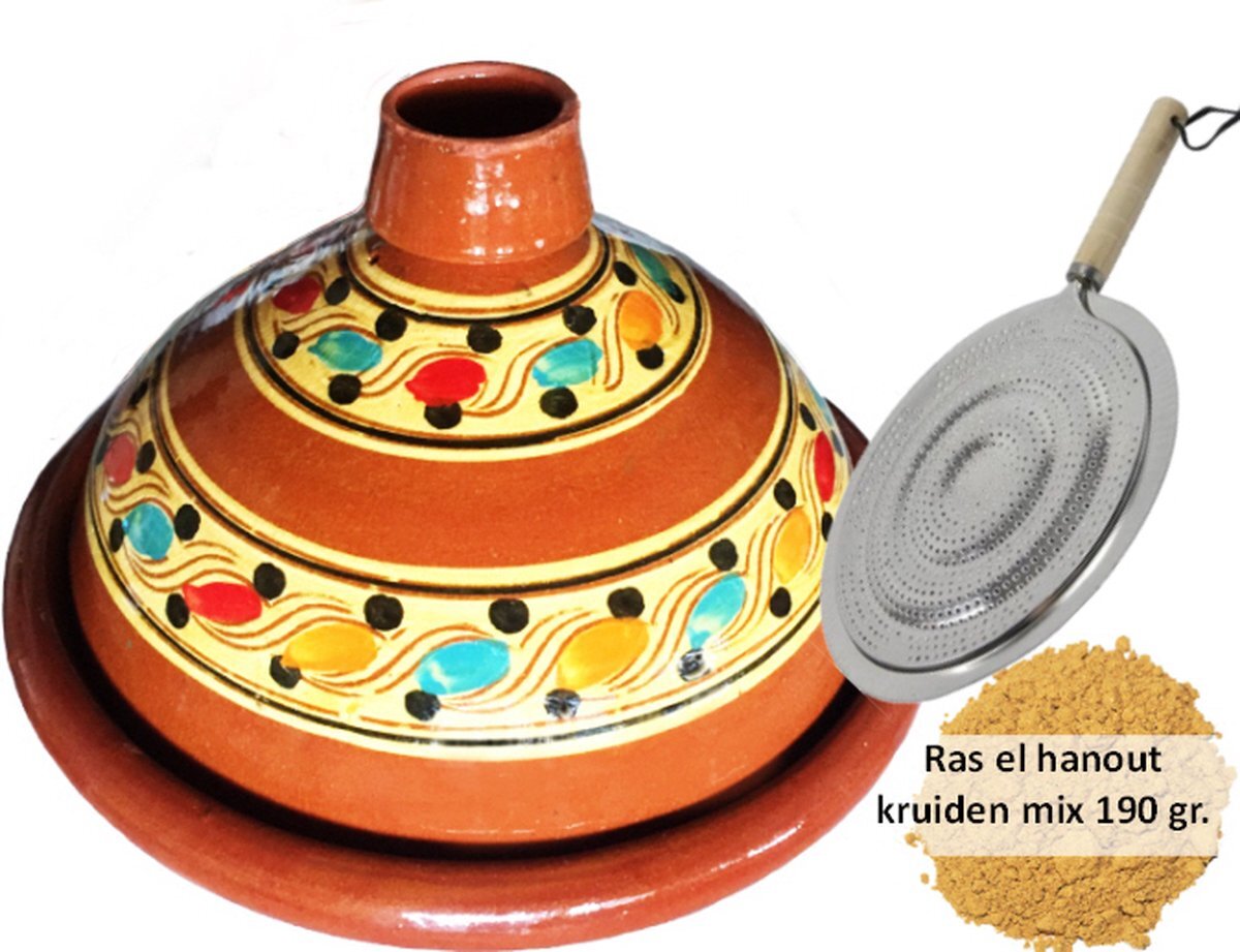 marocstore.nl Marokkaanse authentieke aardewerk tajine 30 cm + Kruiden en vlamverdeler - cadeau pakket