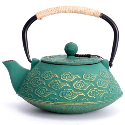 MILVBUSISS Gietijzeren Theepot, Japanse Theepot met Infuser, Theeketel Kookplaat Veilig, Goud Gunstige Wolken Patroon 20oz, 800ml Groen