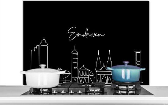 KitchenYeah Keuken Spatscherm 100x65 cm - Skyline Eindhoven - Zwart Wit - Aluminium