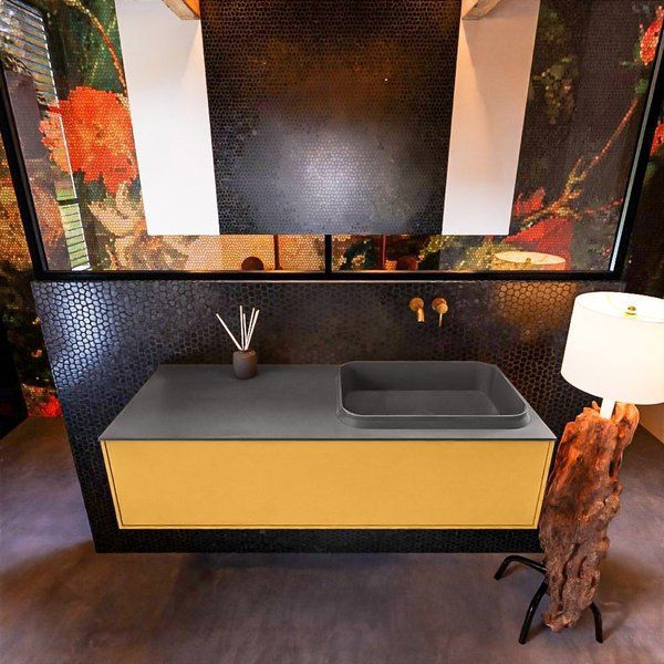 Mondiaz ERIN 120cm badmeubelset Ocher met 1 lade en Dark Grey Wastafel RIDGE rechts