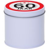 Merkloos / Sans marque Cadeau koek of snoep blik - met 60 jaar opdruk sticker - 10 x 10 cm - Cadeauverpakking voor verjaardag / jubileum - metaal
