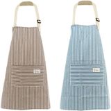 Merkloos / Sans marque Wan GmbH Damesschort met zakken - Kookschort set - Koken en bakken - Verstelbaar katoen linnen - 2 stuks - Blauw en koffiestrepen