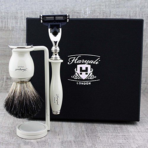 Haryali London Classic scheerset - 3-delig - zuiver dassenhaar scheerkwast, 3-kantige scheerapparaat & scheerstandaard