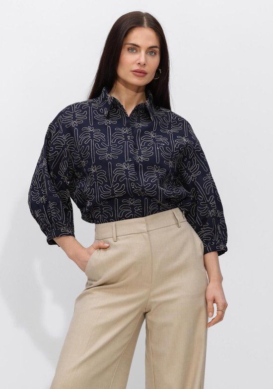 JANSEN Amsterdam Nuria Blouse Wpt 761 3/4 Sleeve Wide Fit Dames - Jurken - Donkerblauw - Maat 42