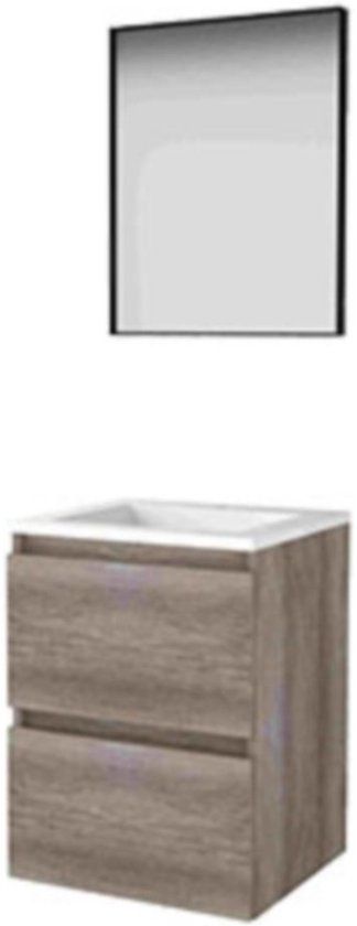 Basic-Line Framed 46 Badkamermeubelset - 50 x 46 cm - Greeploos - 2 Lades - Acryl Wastafel - 1 Kraangat - Spiegel met Zwart Aluminium Frame - Scotch Oak