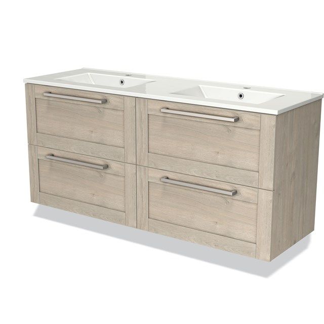 Maxaro Badkamermeubel 140 cm Modulo Lichtgrijs Eiken 4 Lades Kader Wastafel Keramiek